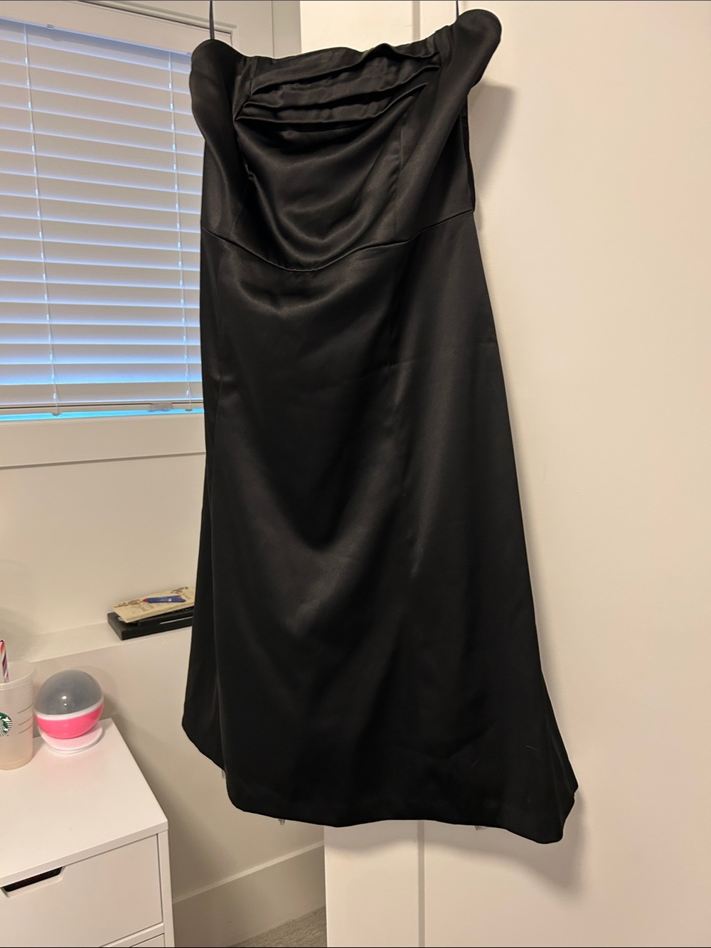 RW&CO. Black Strapless Satin Midi Dress with Draped Bodice